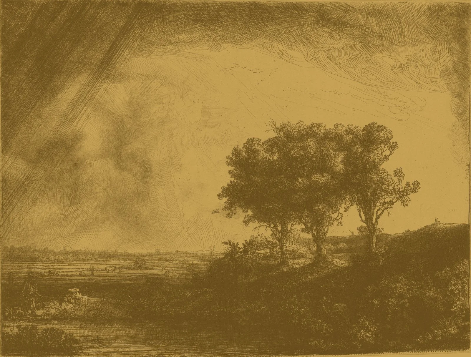 Rembrandts Radierung „Die drei Bäume“: drei große Bäume auf einer Anhöhe unter einem weiten, bewegten Himmel, in Gold getont.